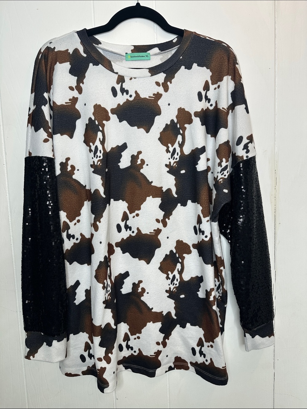 Sequin-Sleeve Cowprint Long Sleeve Tee - Brown & Black